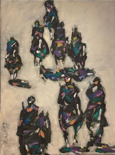 Bogusław Lustyk, obraz akryl na płótnie, 60 x 45 cm, abstrakcja, „Powrót z walki", obrazy współczesne, sztuka współczesna, konie