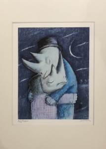Józef Wilkoń, inkography, L, 48*37 cm. "Zakochane nosorożce (Rhinoceros in love)", modern art, contemporary art, animals