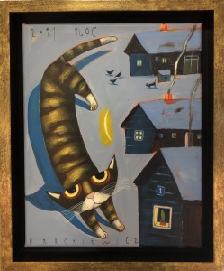 Acrylic painting, „Noc (Night)" Jacek Frąckiewicz, 30 x 24 cm, modern art, contemporary art, animals, cats