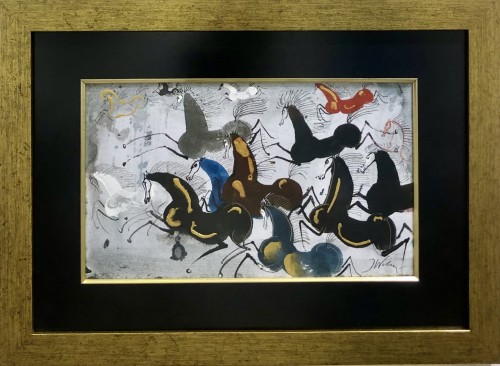 Józef Wilkoń, obraz gwasz, akwarela na papierze, 37,5 x 51,5 cm, „Rumaki złotem w słońcu lśnią", obrazy współczesne, sztuka współczesna, konie
