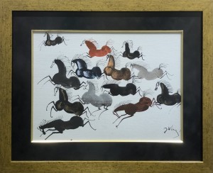  Józef Wilkoń, obraz gwasz, 46 x 58,5 cm, akwarela na papierze, „Niech wiosna rwie z kopyta",  obrazy współczesne, sztuka współczesna, konie