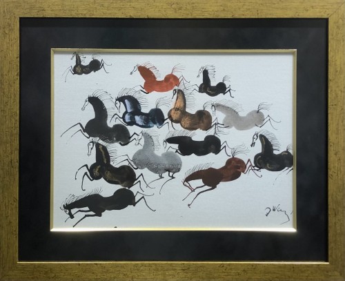 Józef Wilkoń, obraz gwasz, 46 x 58,5 cm, akwarela na papierze, „Niech wiosna rwie z kopyta", obrazy współczesne, sztuka współczesna, konie