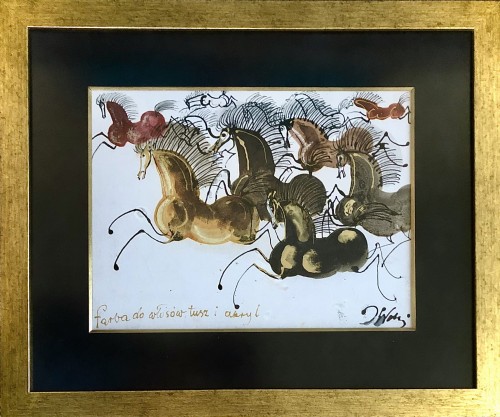 Józef Wilkoń, obraz gwasz, akwarela na papierze, 51 x 61 cm, , „Farba, tusz i akryl", obrazy współczesne, sztuka współczesna, konie