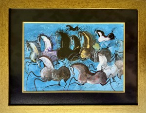  Józef Wilkoń, obraz gwasz, akwarela na papierze, 44 x 57 cm, „Wypuszczam konie ...", obrazy współczesne, sztuka współczesna, zwierzęta, konie