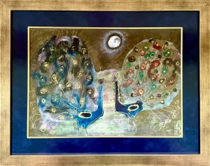 Gouache painting, watercolor on paper, „Na mazowieckiej łące (in the Masovian meadow"", Józef Wilkoń, 35 x 48,5 cm, modern art, birds, peacocks