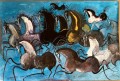 Józef Wilkoń, obraz gwasz, akwarela na papierze, 44 x 57 cm, „Wypuszczam konie ...", obrazy współczesne, sztuka współczesna, zwierzęta, konie