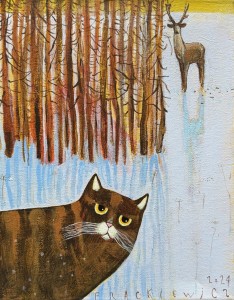 Jacek Frąckiewicz, obraz akryl, 30 x 24 cm, „Zimowe spotkanie" 