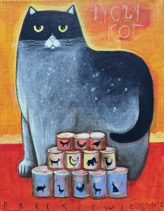 Acrylic painting on canvas, „Byczy kot (The bull cat)" Jacek Frąckiewicz, 30 x 24 cm, modern art, contemporary art