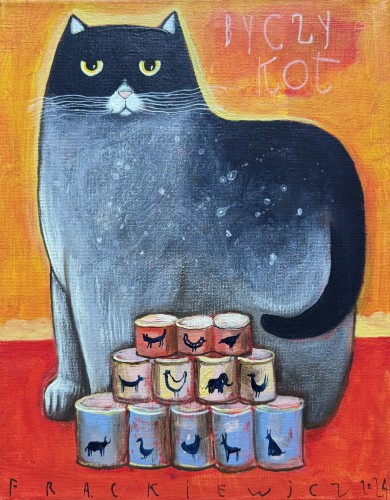 Jacek Frąckiewicz, obraz akryl, 30 x 24 cm, „Byczy kot"
