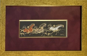 Józef Wilkoń, obraz gwasz, technika autorska, tektura,  21*32,5 cm, „Konie mocy" obrazy współczesne, sztuka współczesna, zwierzęta, konie