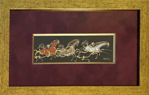 Józef Wilkoń, obraz gwasz, technika autorska, tektura, 21*32,5 cm, „Konie mocy" obrazy współczesne, sztuka współczesna, zwierzęta, konie