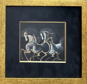Józef Wilkoń, gouache painting, watorcolor on paper, 29*30 cm, „Paradny krok"(A parade step)", modern paintings, modern art, animals, horses