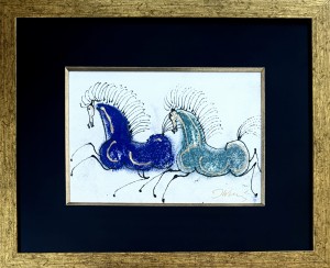 Józef Wilkoń, obraz gwasz, technika autorska, tektura, 29*36 cm,  „Zagrajmy w niebieskie", obrazy współczesne, sztuka współczesna, zwierzęta, konie