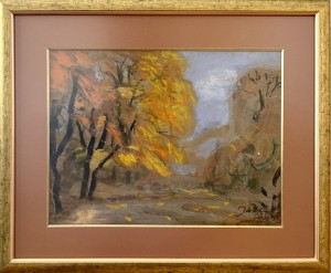 Józef Wilkoń, pastel on paper, 45x58 cm, „Złoty las(The golden forest)", modern art, contemporary art, wood, landscape