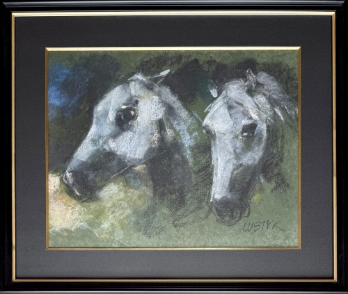 Bogusław Lustyk, obraz pastel, 49 x 58 cm, ekspresjonizm, realizm, „Przyjaciele", obrazy współczesne, sztuka współczesna, konie