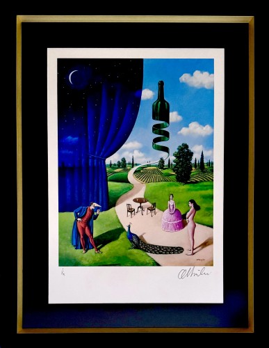 Rafał Olbiński, Inkografia, surrealizm, „Napój miłosny", inkografia, 6,5 x 51,5 cm, sztuka współczesna,